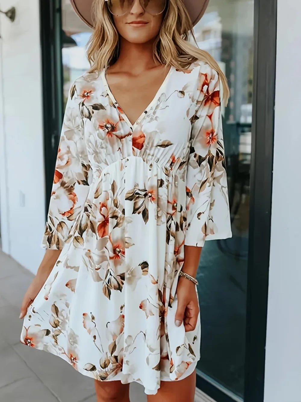 Floral V - Neck Three - Quarter Sleeve Mini Dress