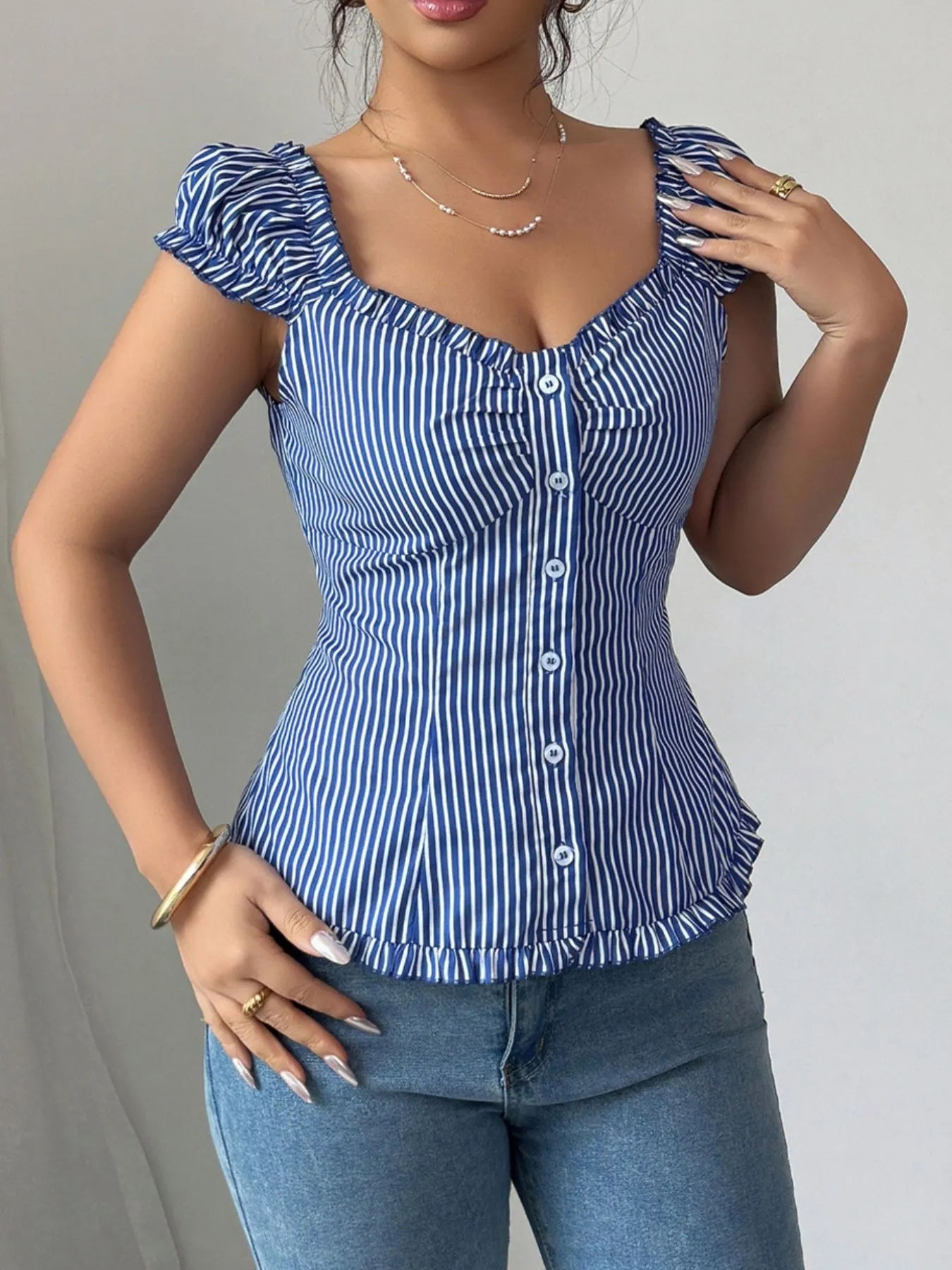 Frill Striped Cap Sleeve Blouse