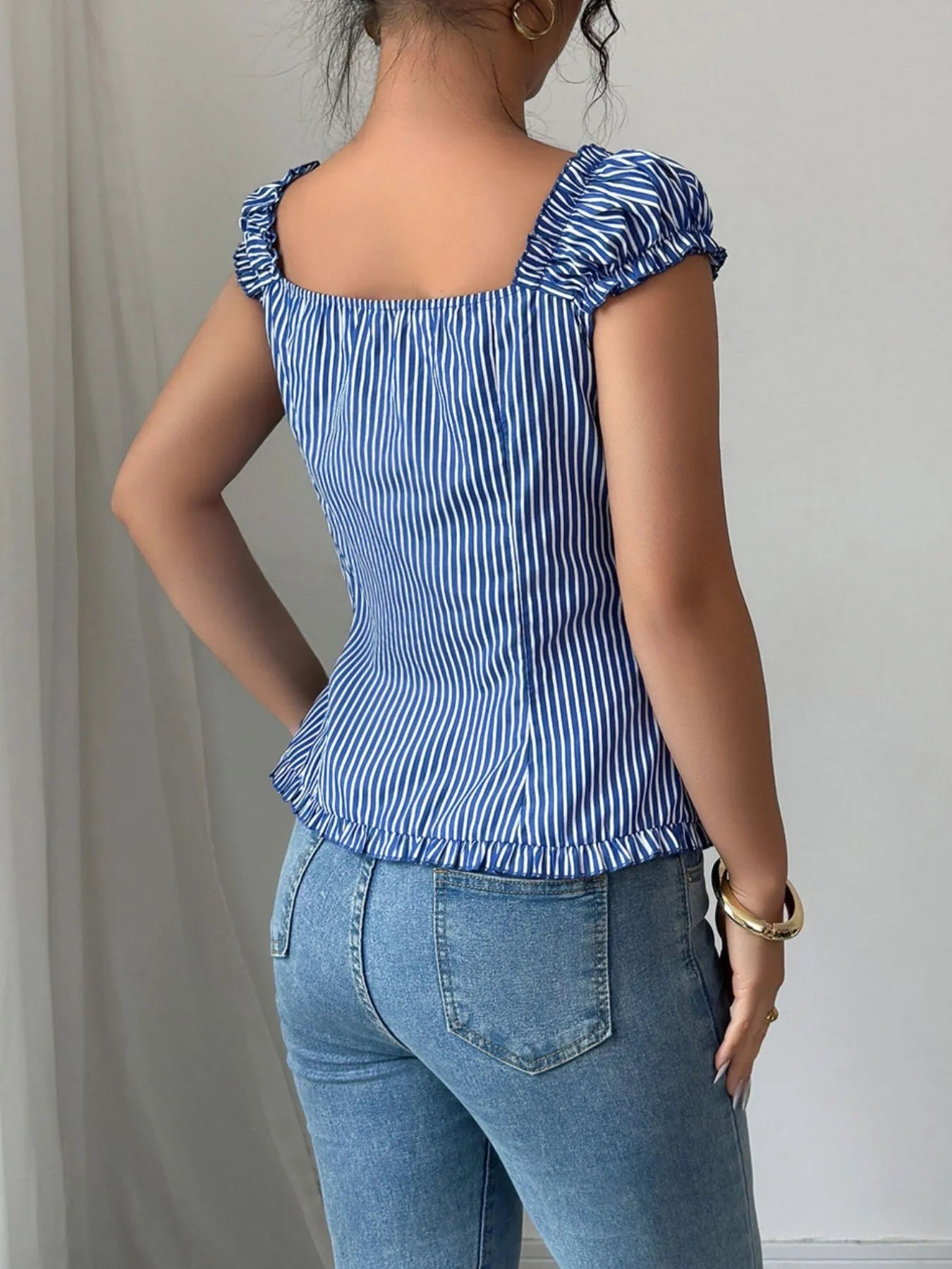 Frill Striped Cap Sleeve Blouse