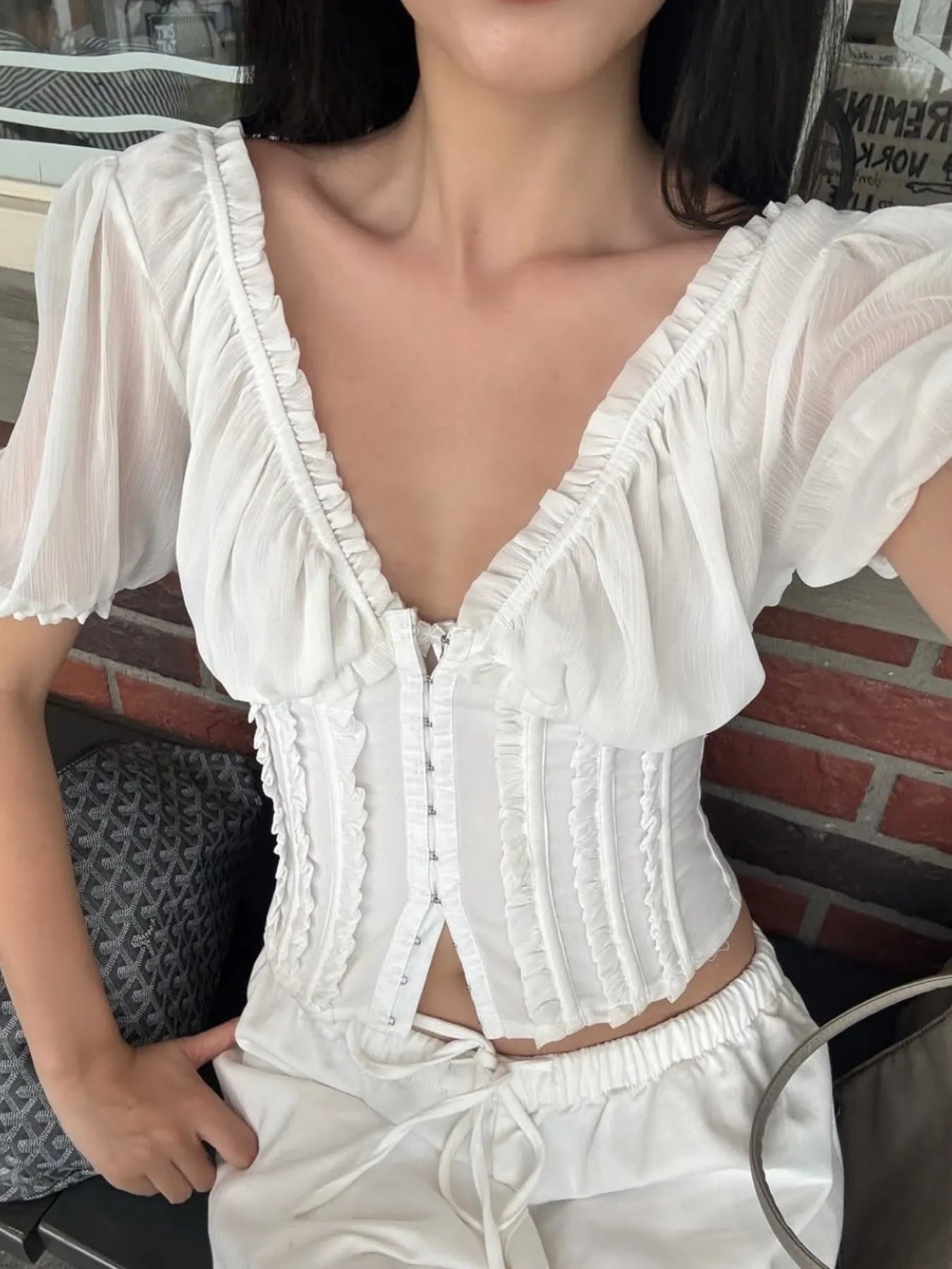 Frill V - Neck Puff Sleeve Blouse