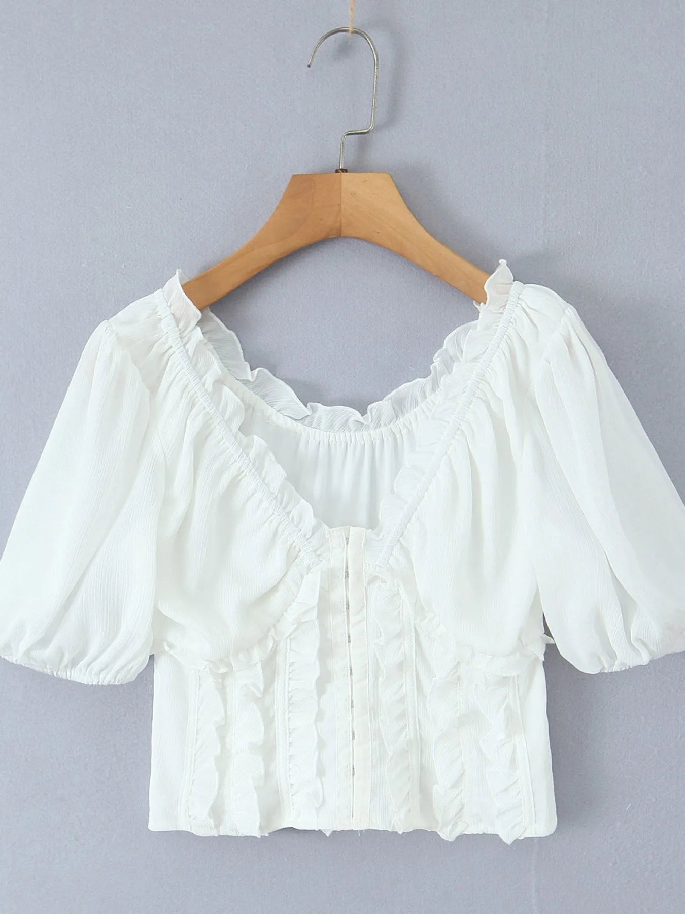 Frill V - Neck Puff Sleeve Blouse