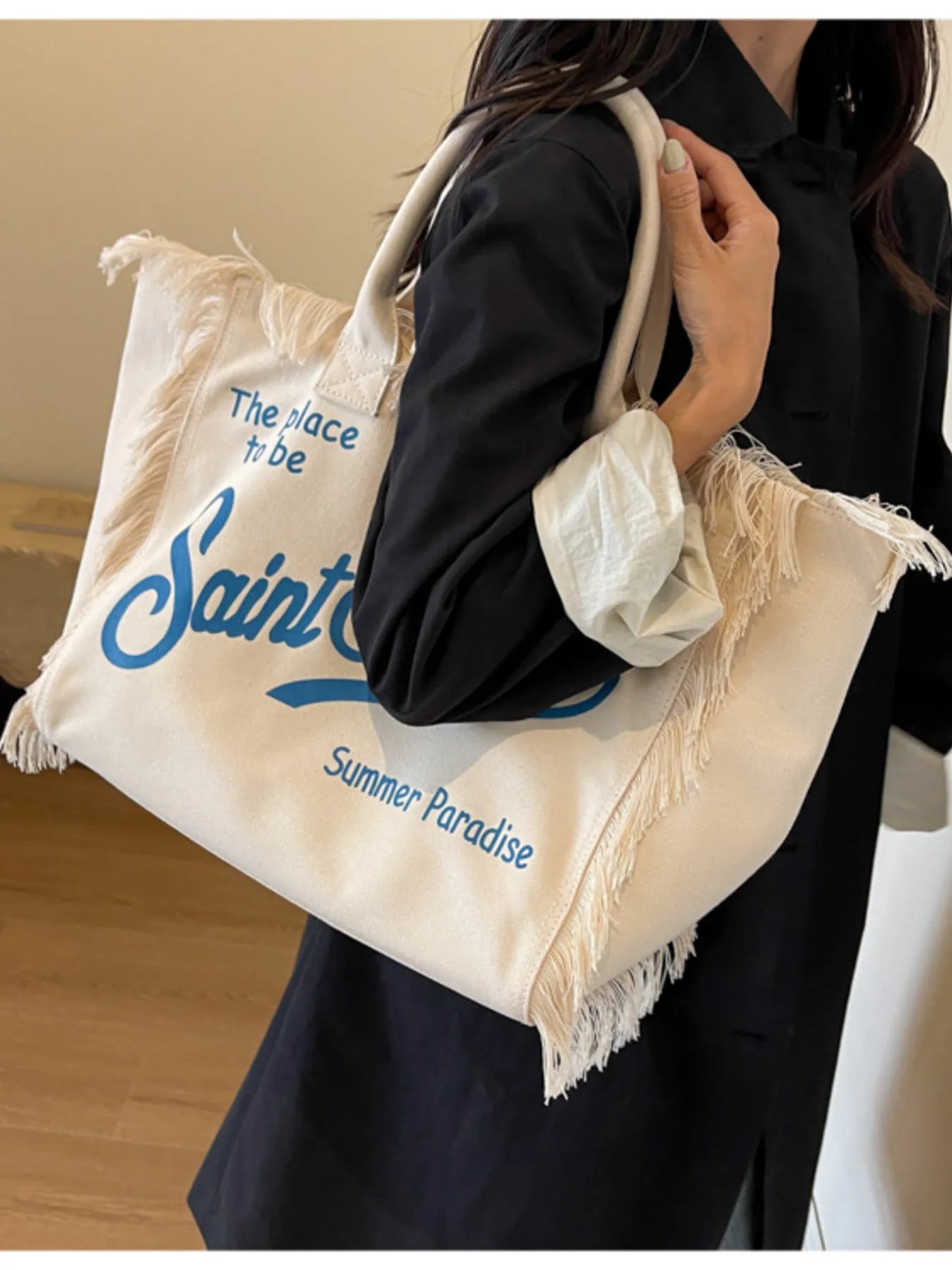 Fringe Letter Canvas Tote BagBag