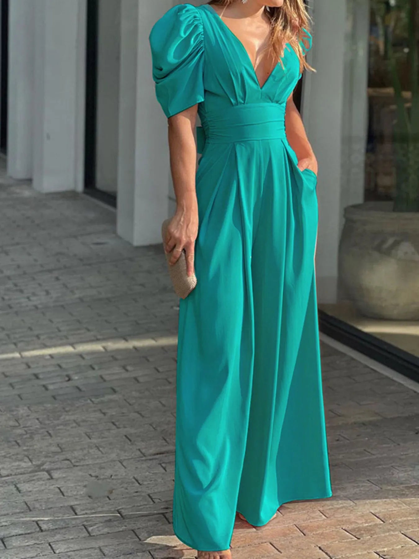 Full Size Cutout V - Neck Puff Sleeve Jumpsuit Plus Size