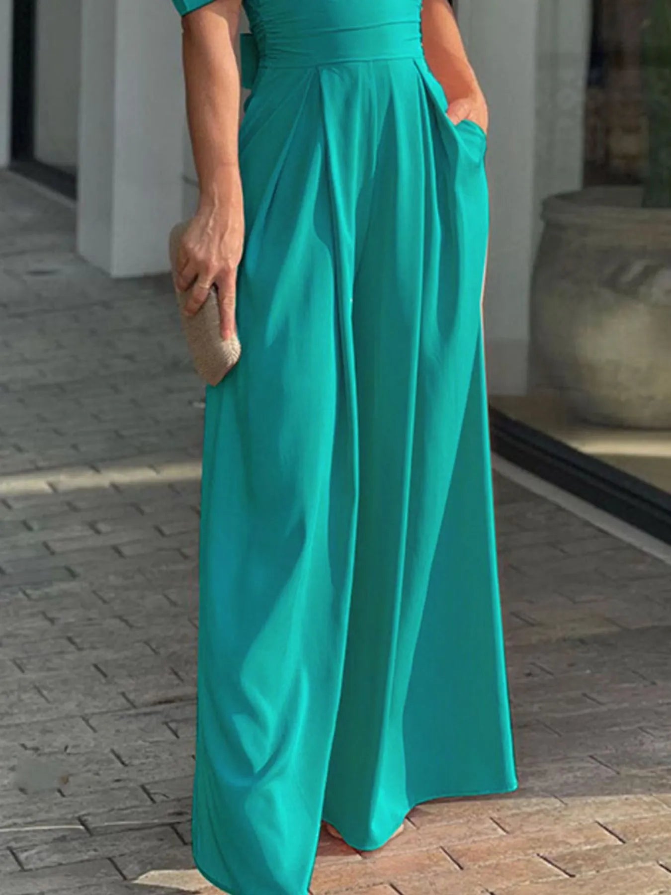 Full Size Cutout V - Neck Puff Sleeve Jumpsuit Plus Size