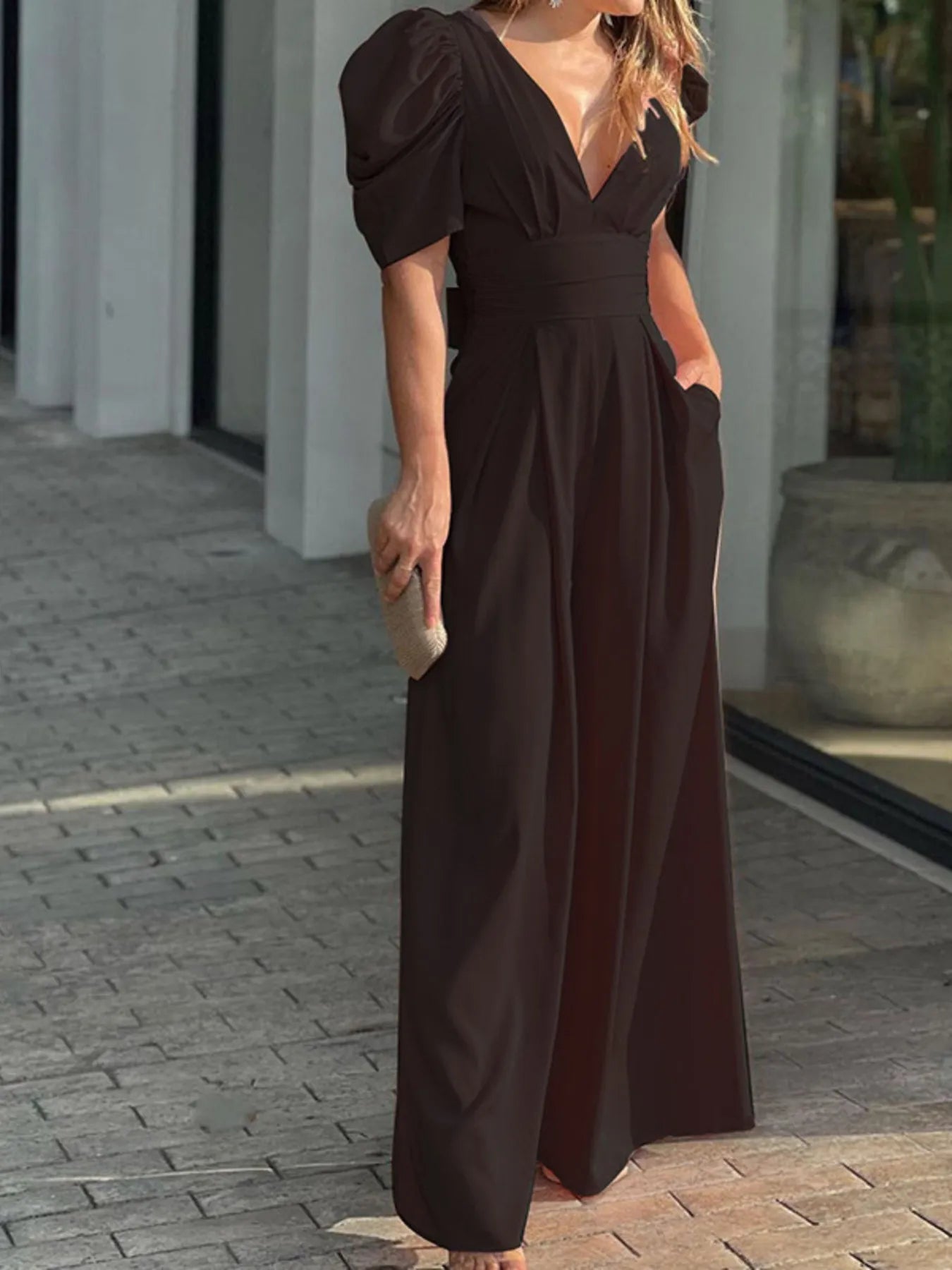 Full Size Cutout V - Neck Puff Sleeve Jumpsuit Plus Size