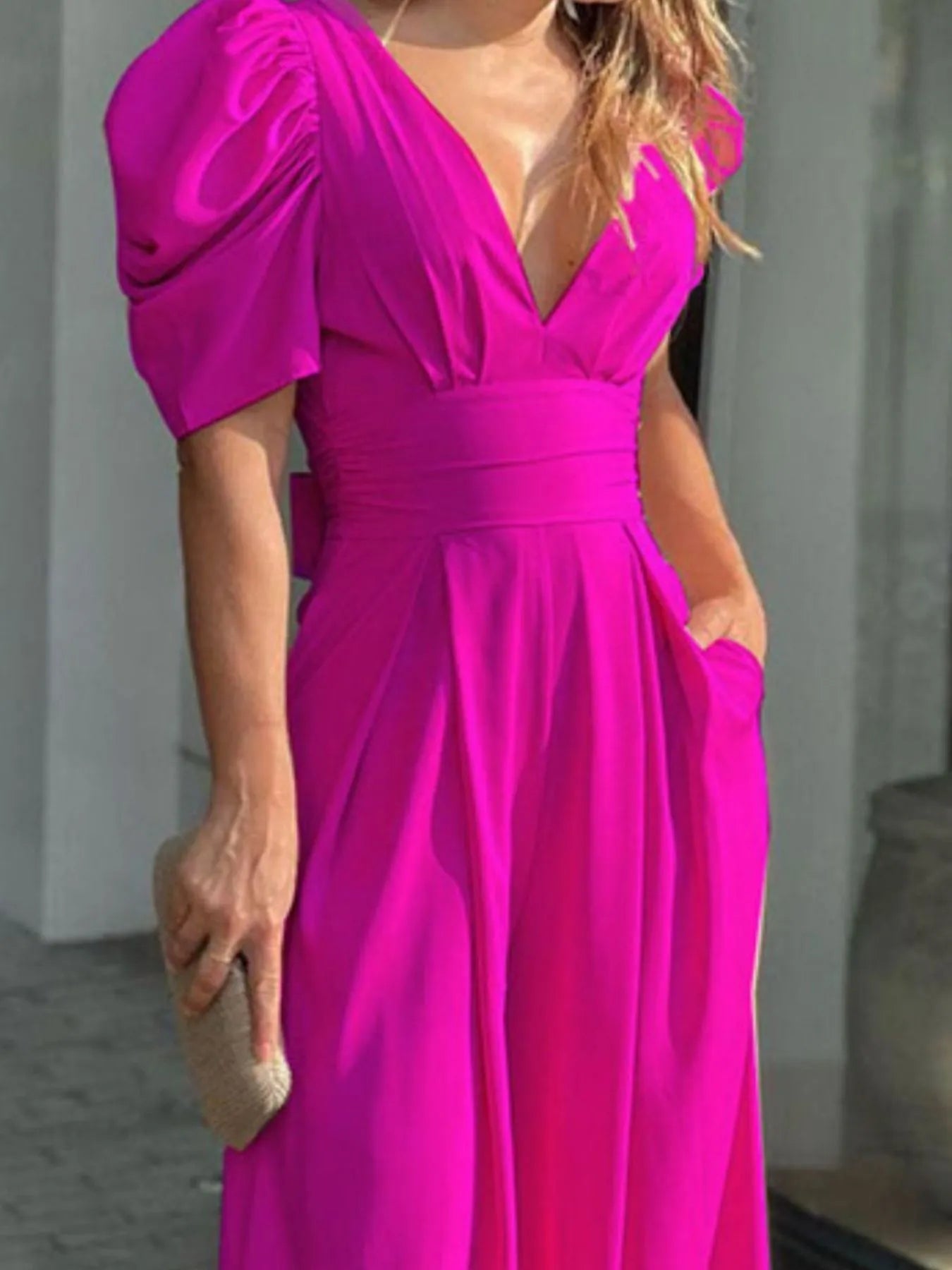 Full Size Cutout V - Neck Puff Sleeve Jumpsuit Plus Size