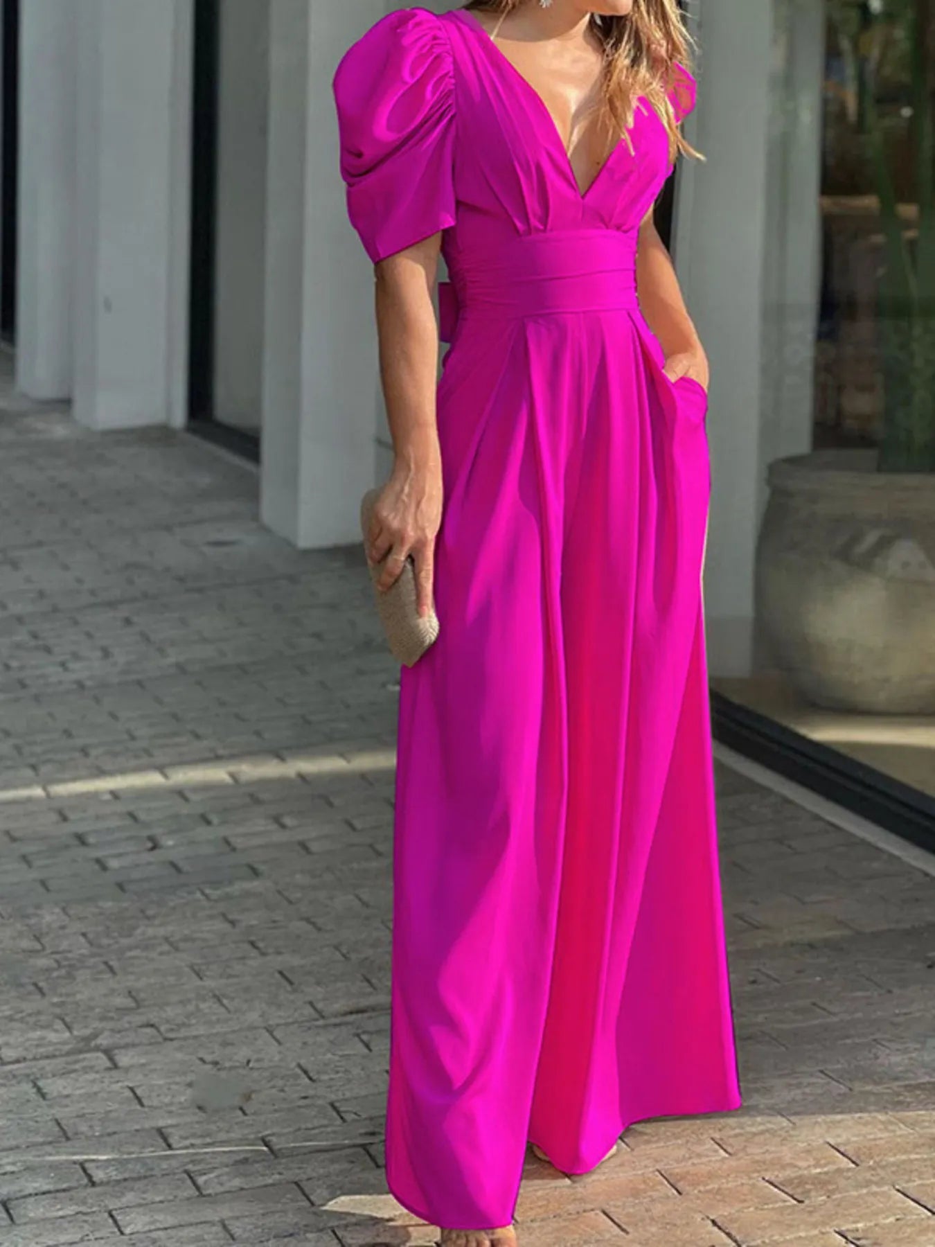 Full Size Cutout V - Neck Puff Sleeve Jumpsuit Plus Size