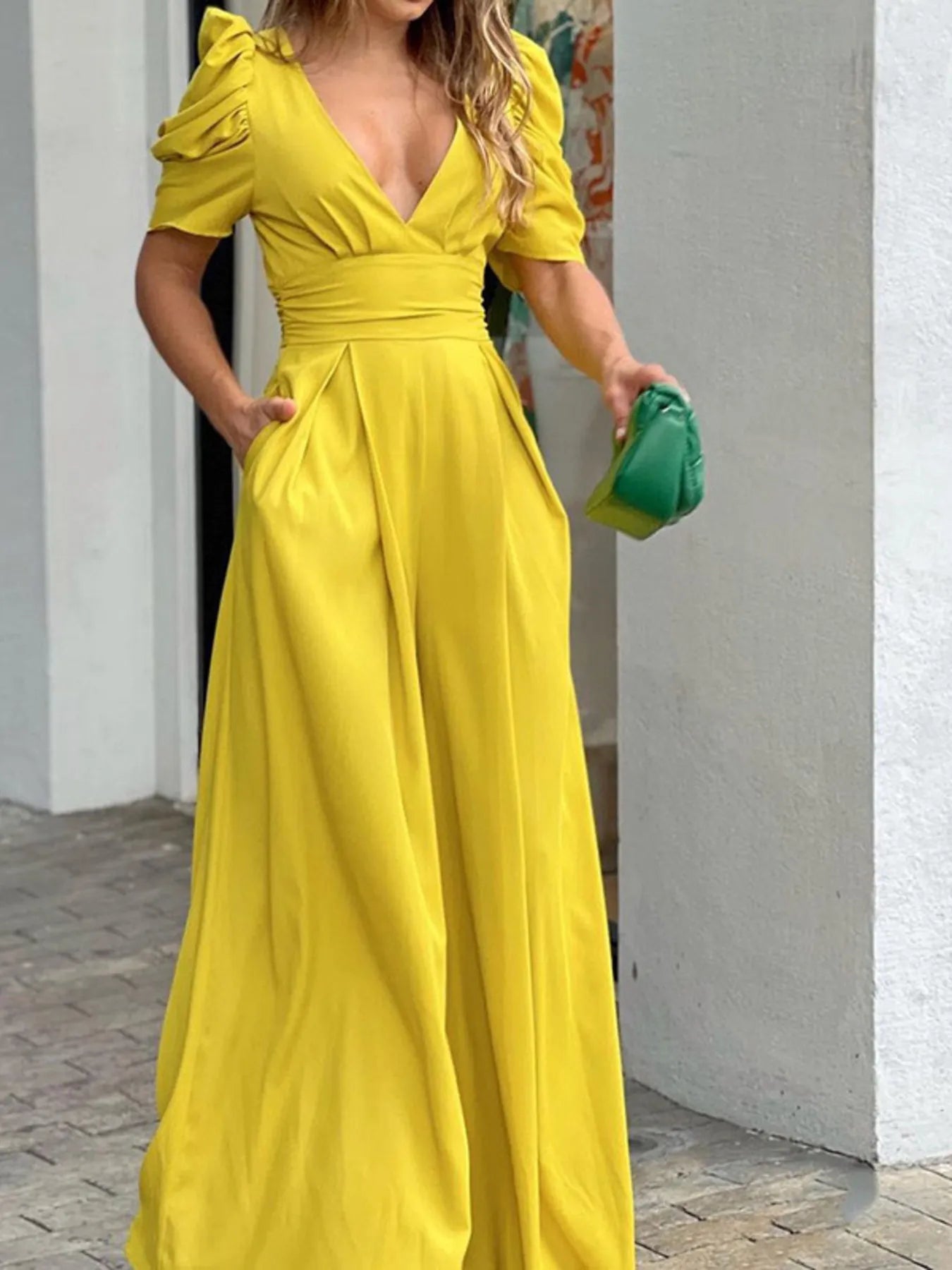 Full Size Cutout V - Neck Puff Sleeve Jumpsuit Plus Size