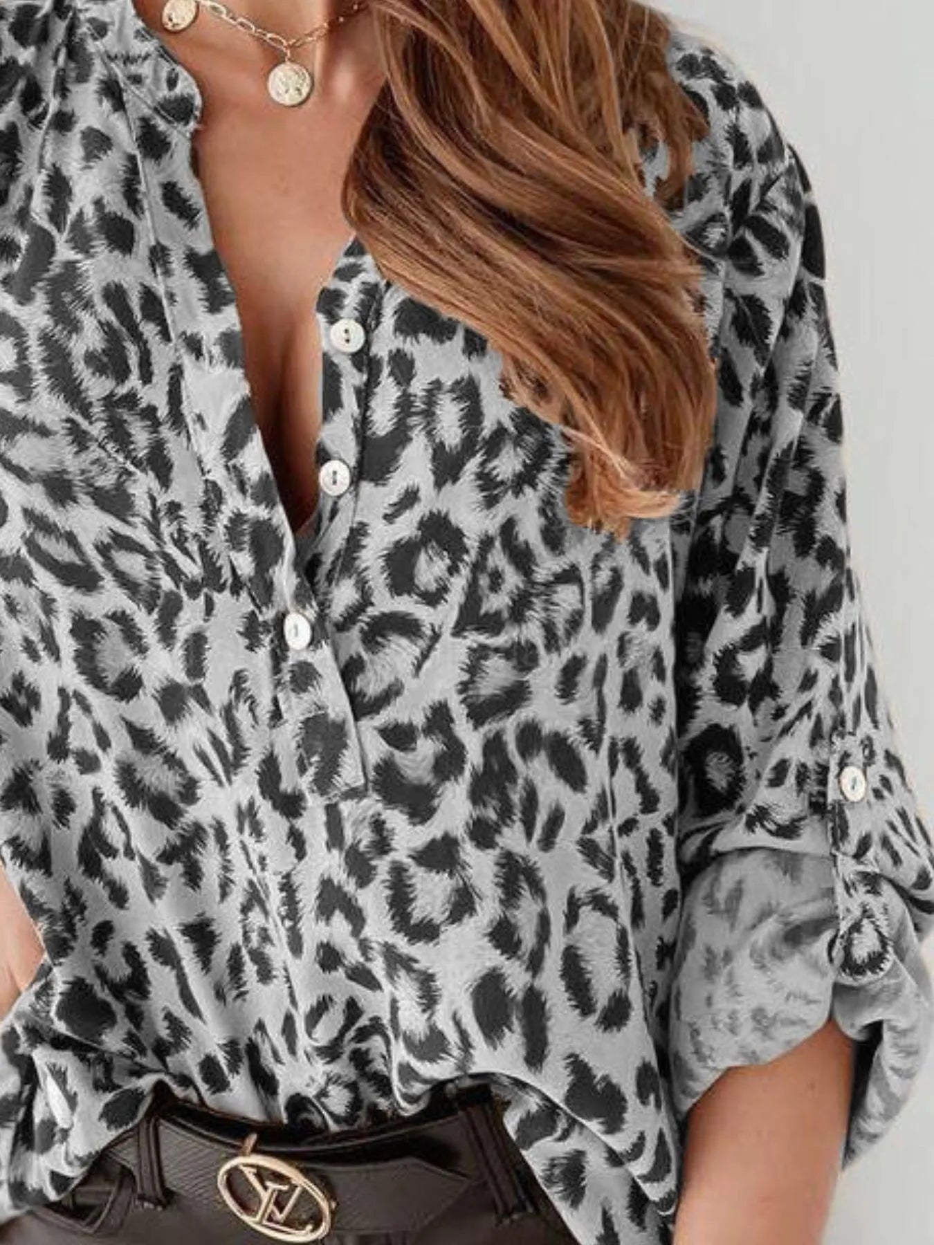 Full Size Leopard Print Roll - Tab Sleeves Blouse Plus Size