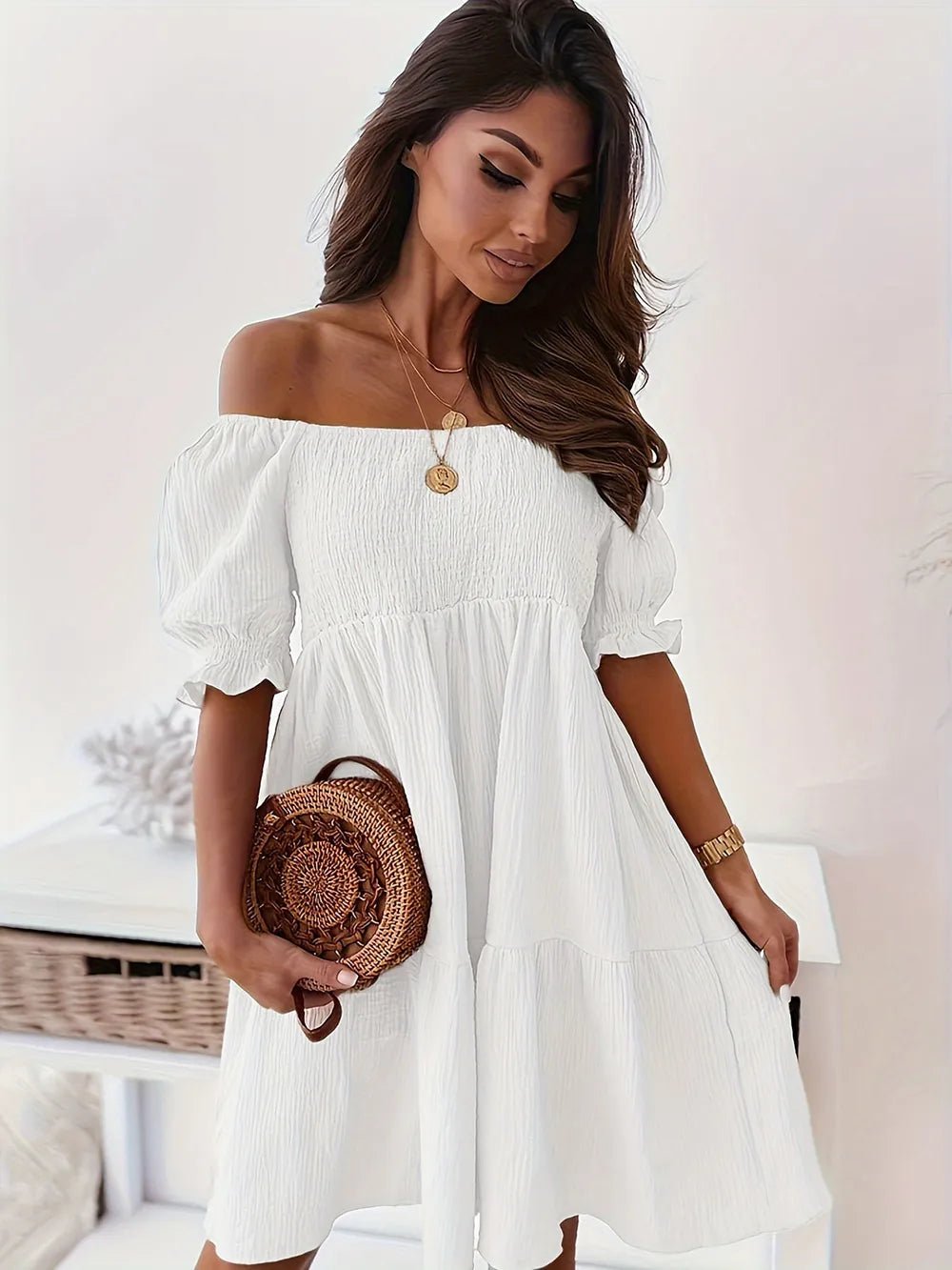 Full Size Ruffled Off - Shoulder Short Sleeve Dress