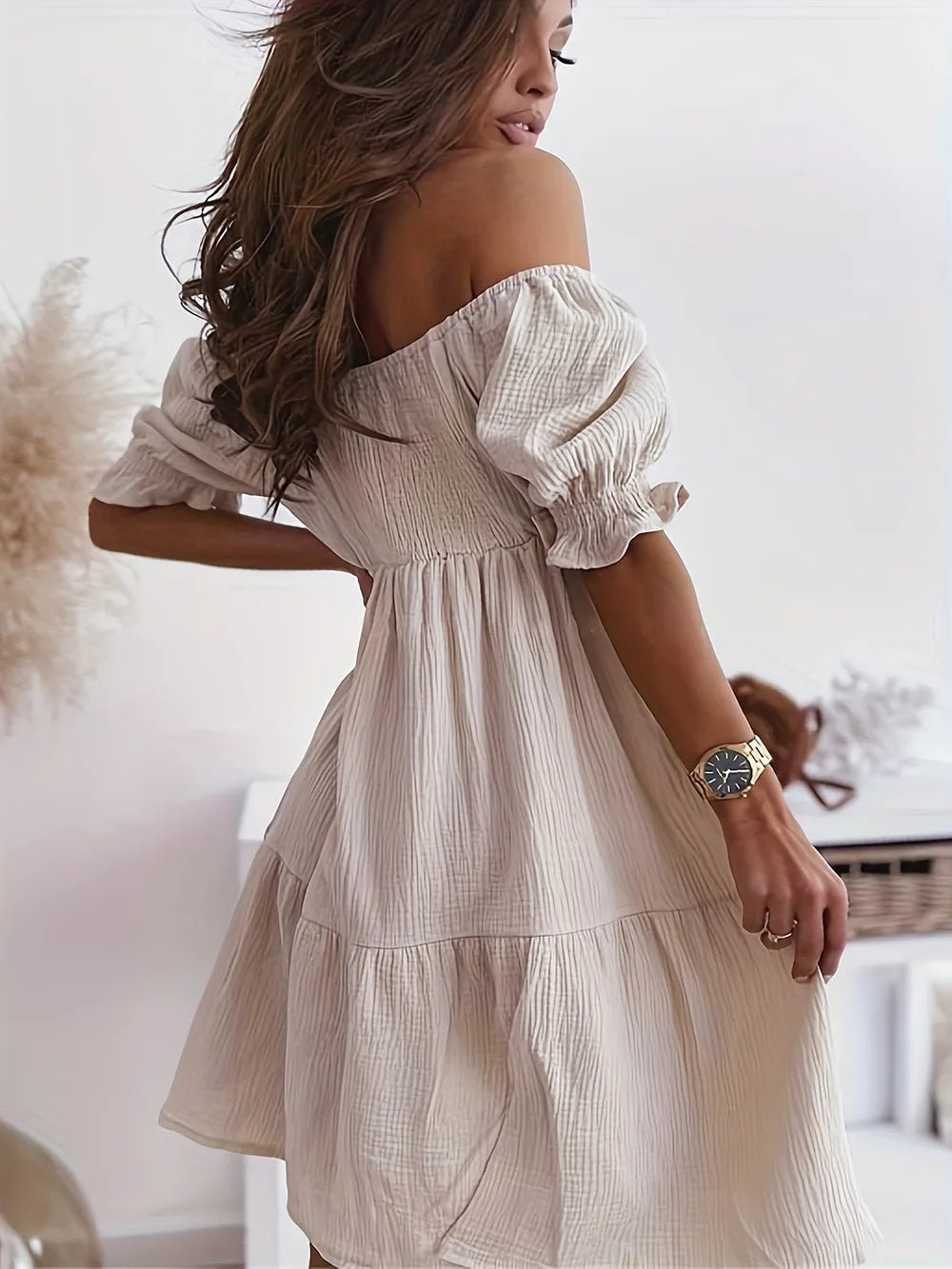 Full Size Ruffled Off - Shoulder Short Sleeve Dress