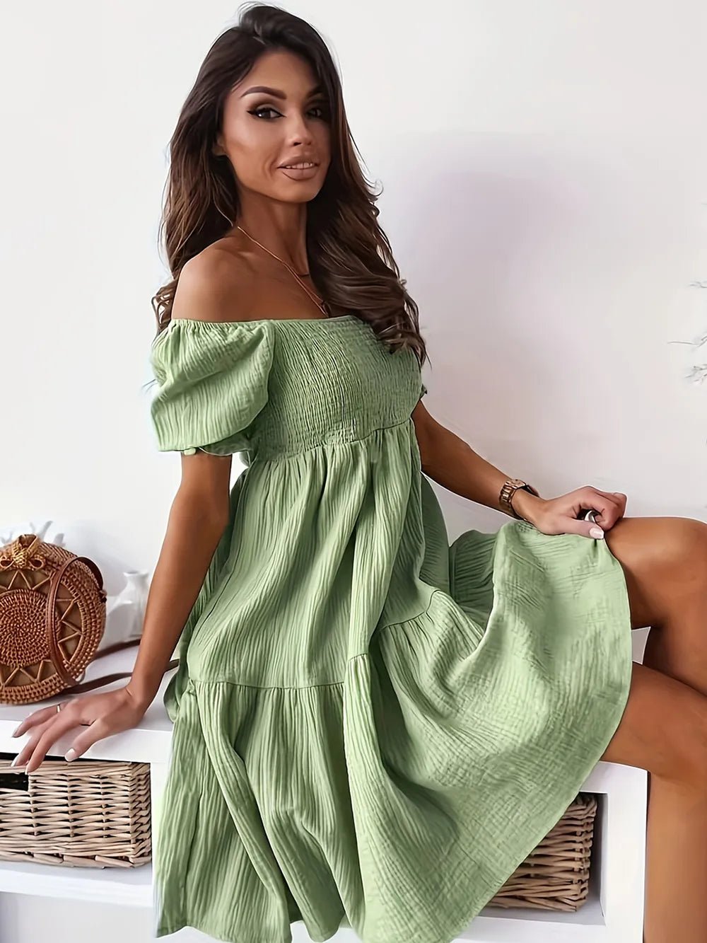Full Size Ruffled Off - Shoulder Short Sleeve Dress
