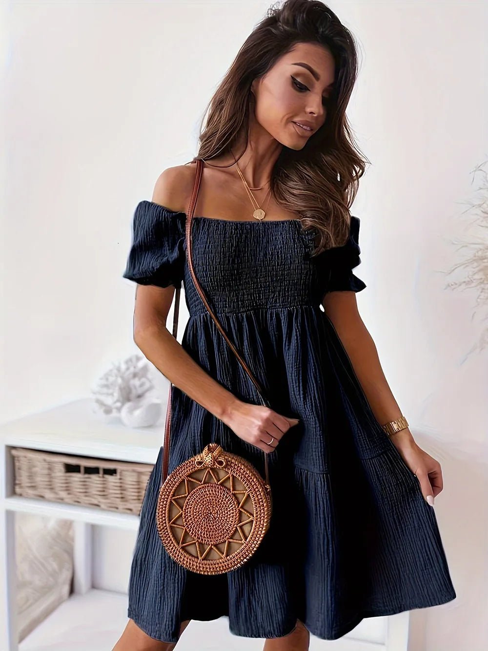 Full Size Ruffled Off - Shoulder Short Sleeve Dress