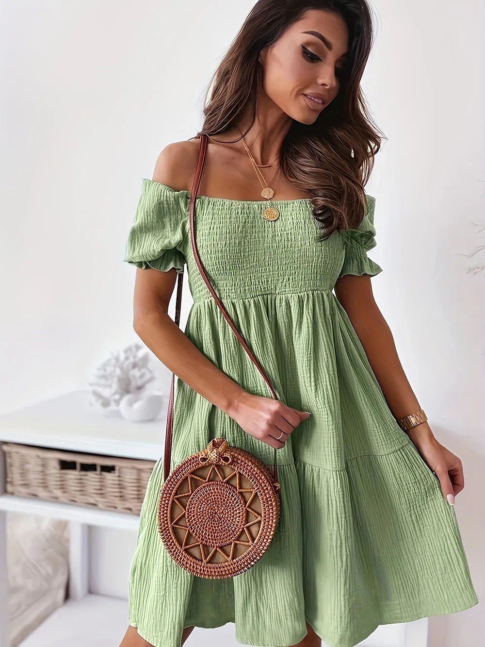 Full Size Ruffled Off - Shoulder Short Sleeve Dress