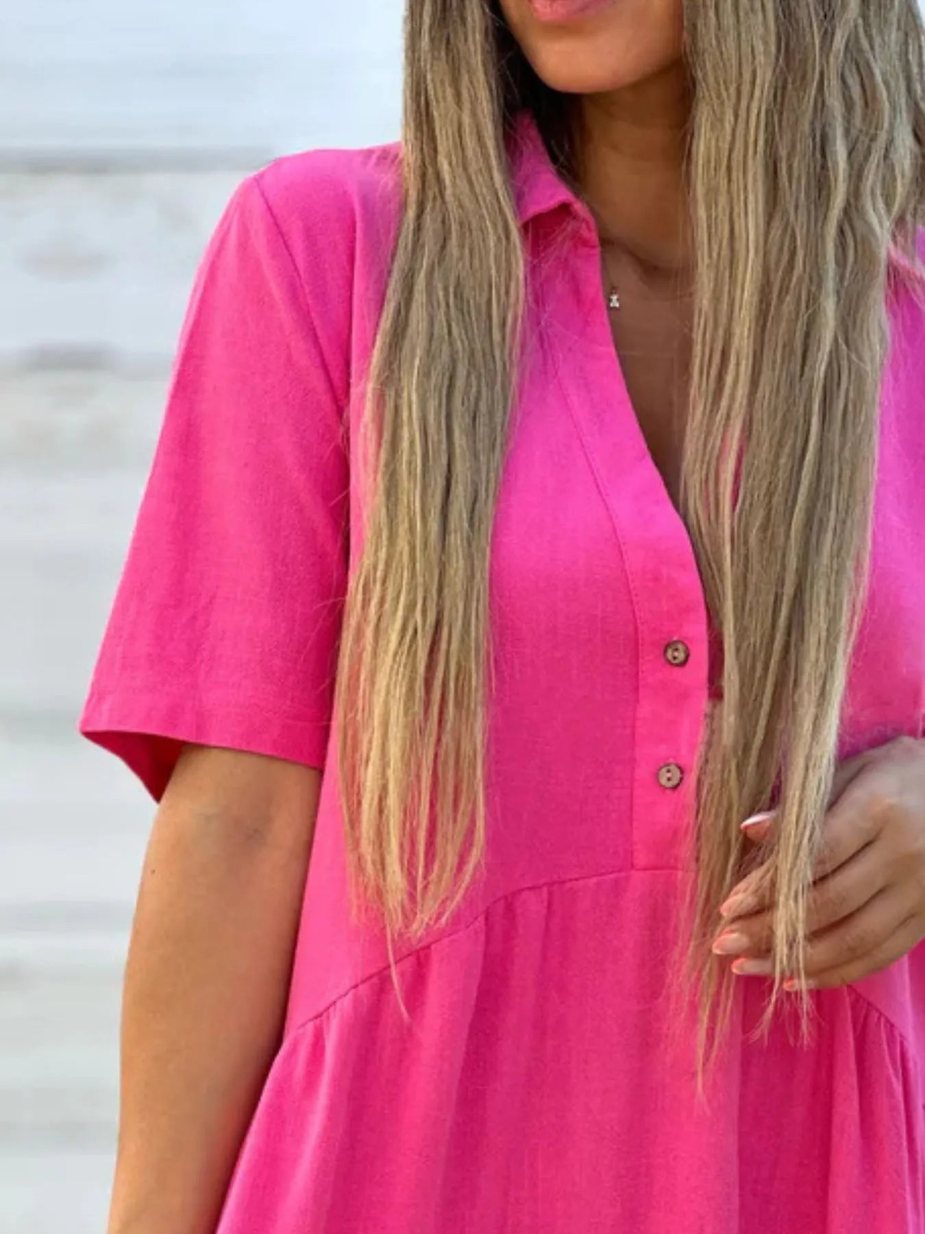 Full Size Tiered Button - Front Short Sleeve Dress Plus Size