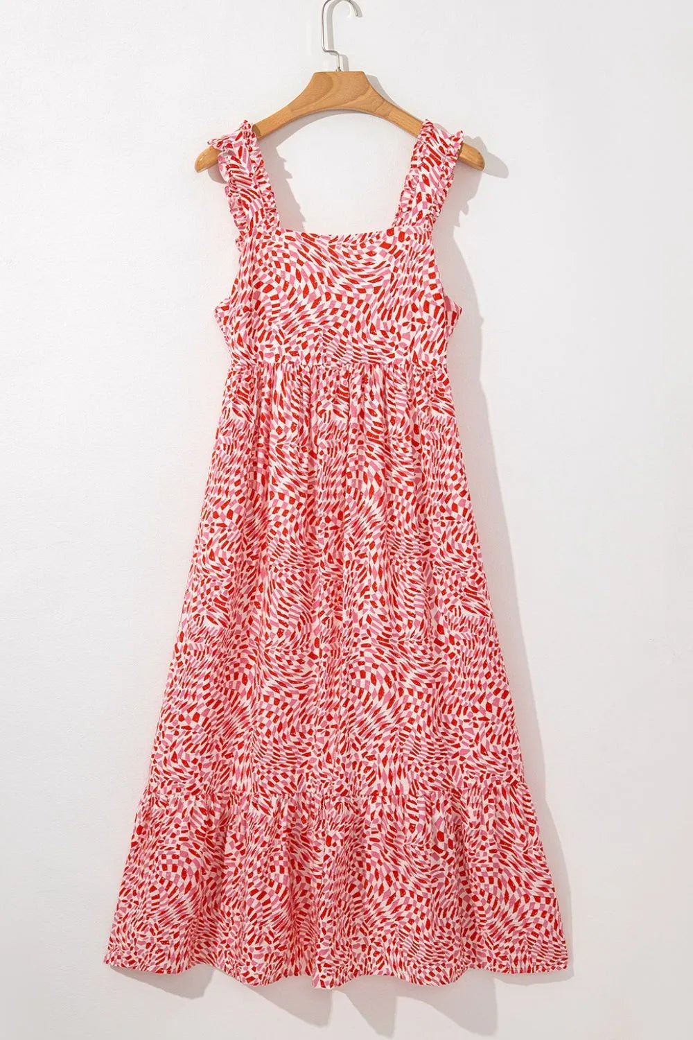 Geometric Print Knot Back Sleeveless Ruffle Hem Dress