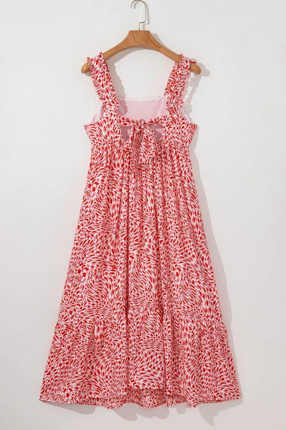 Geometric Print Knot Back Sleeveless Ruffle Hem Dress