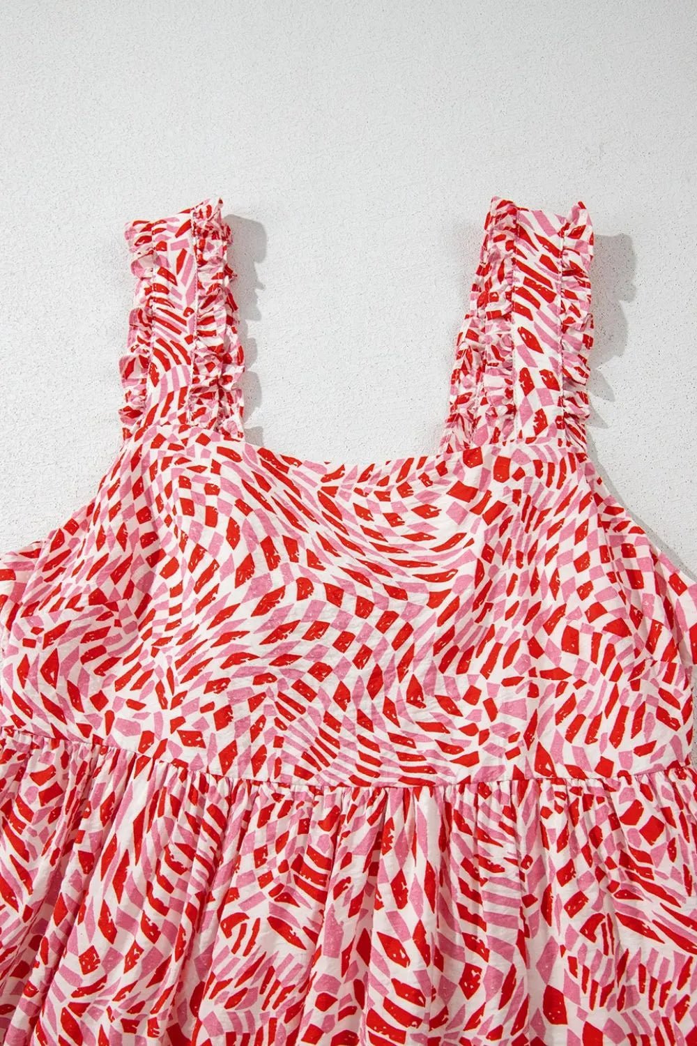 Geometric Print Knot Back Sleeveless Ruffle Hem Dress