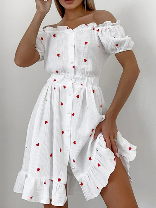 Heart Printed Off - Shoulder Ruffle Mini Dress