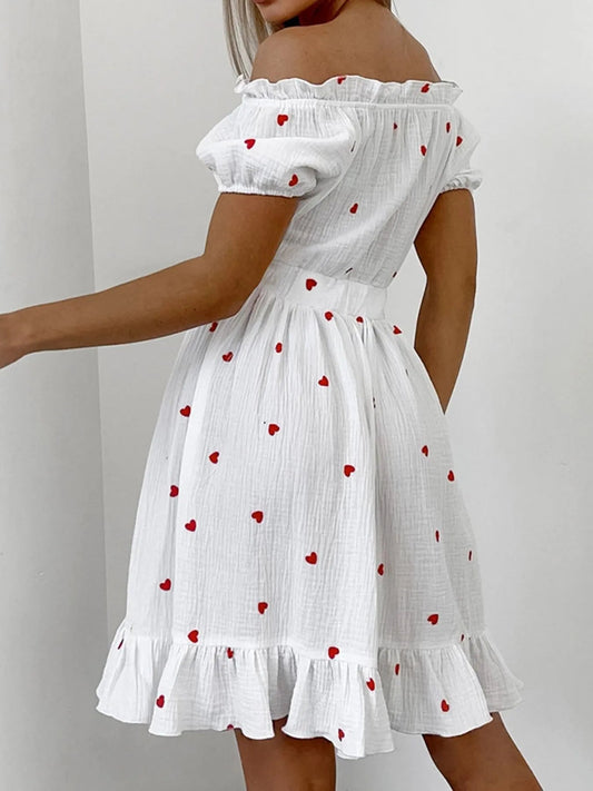 Heart Printed Off - Shoulder Ruffle Mini Dress