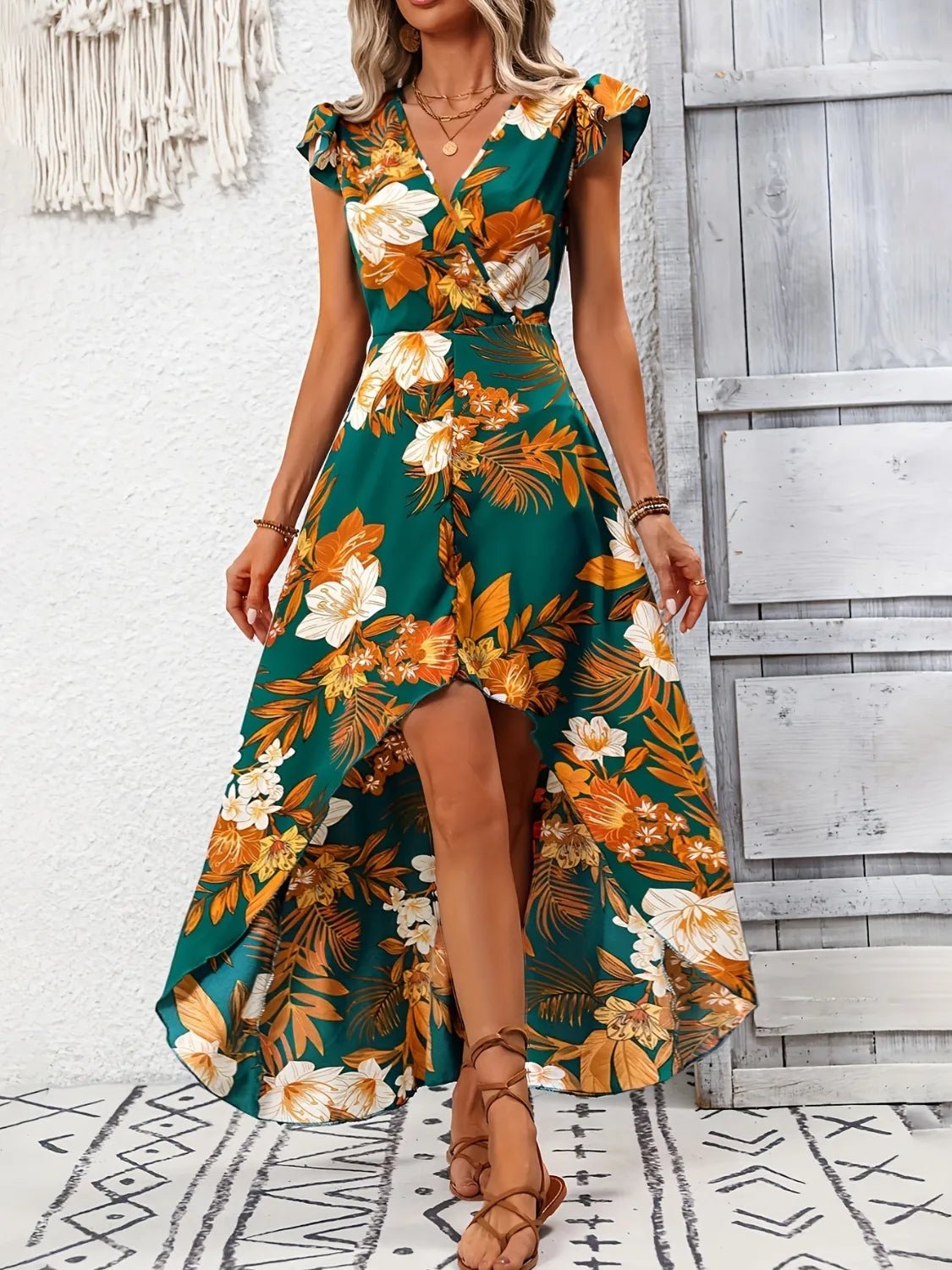 High - Low Printed Cap Sleeve Maxi Dress
