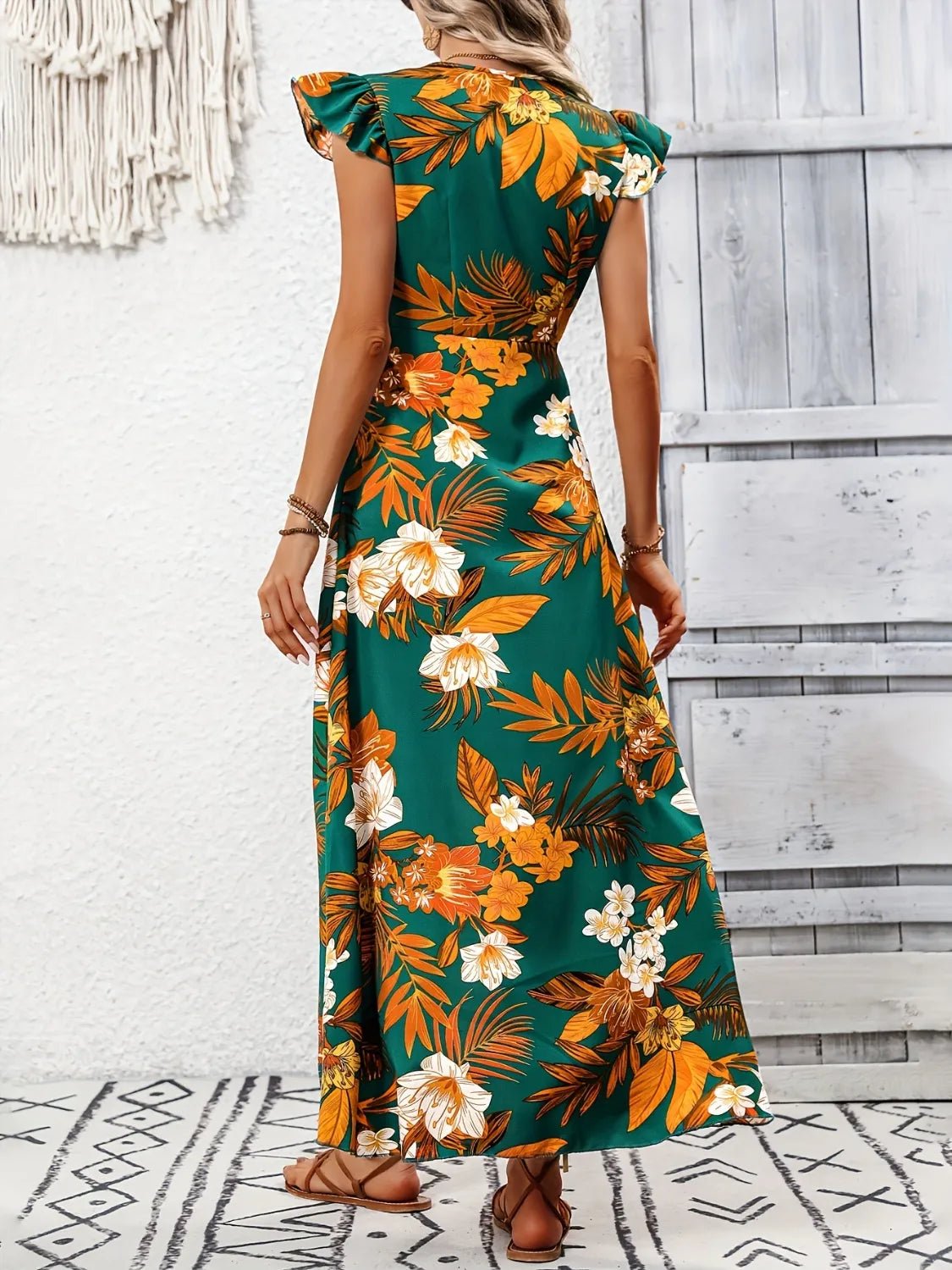 High - Low Printed Cap Sleeve Maxi Dress