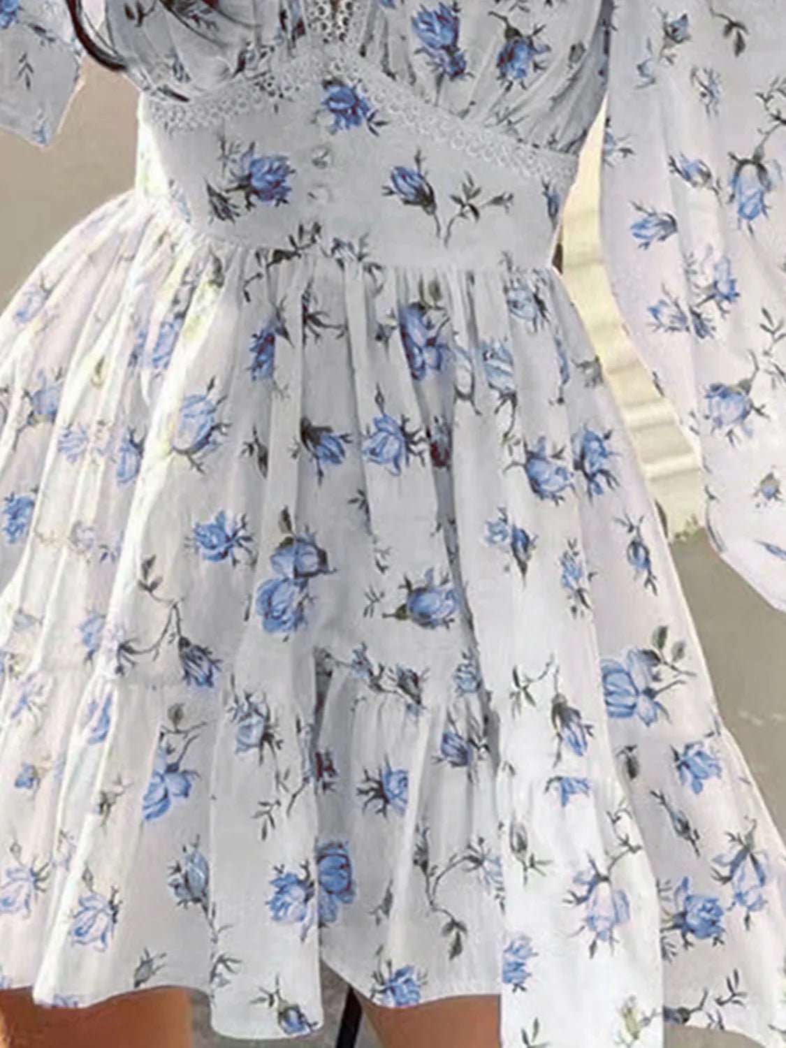 Lace Detail V - Neck Balloon Sleeve Dress