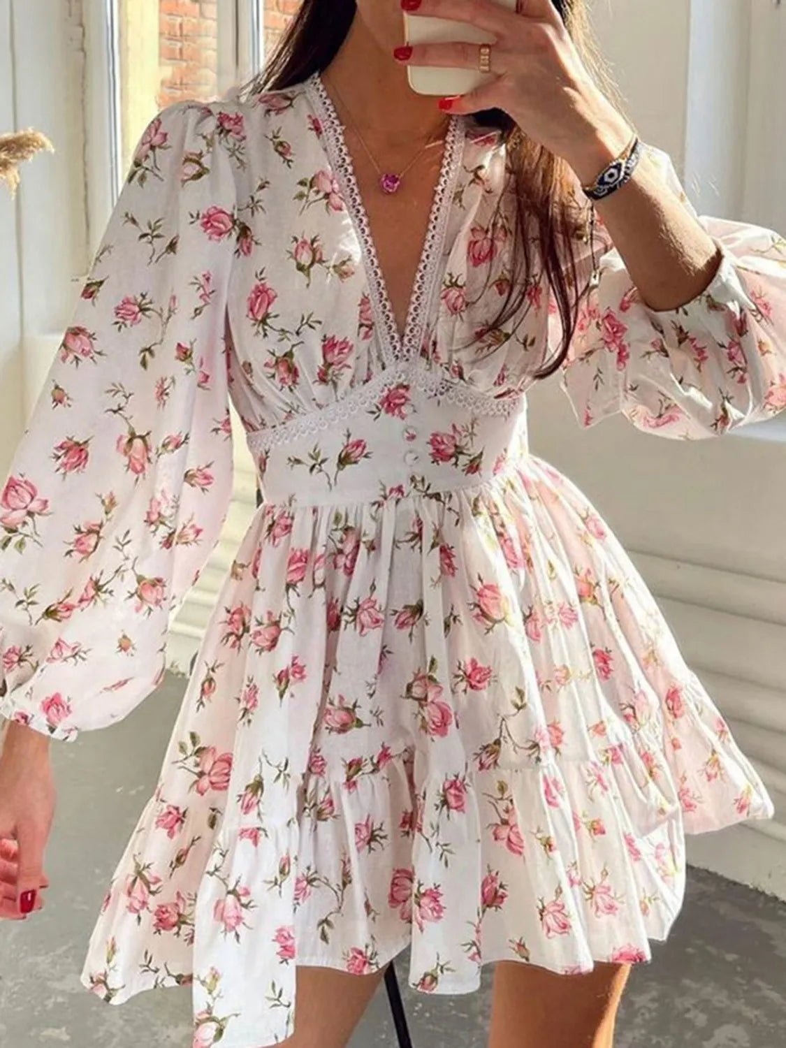 Lace Detail V - Neck Balloon Sleeve Dress