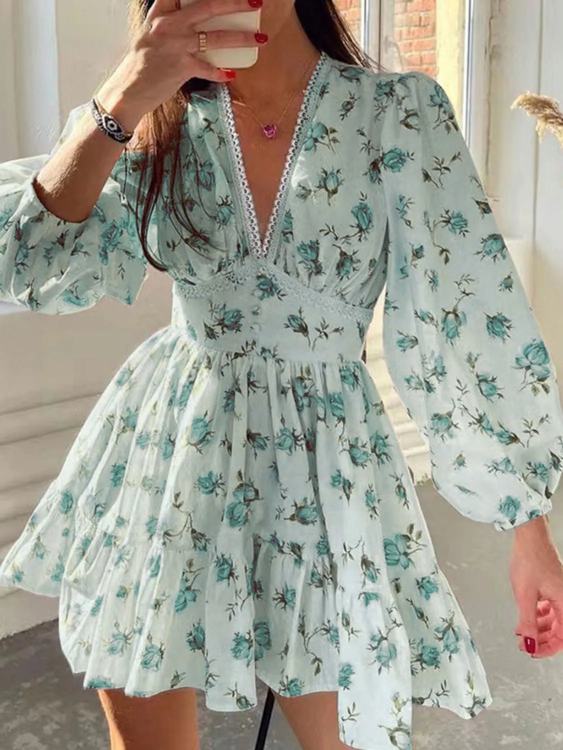 Lace Detail V - Neck Balloon Sleeve Dress