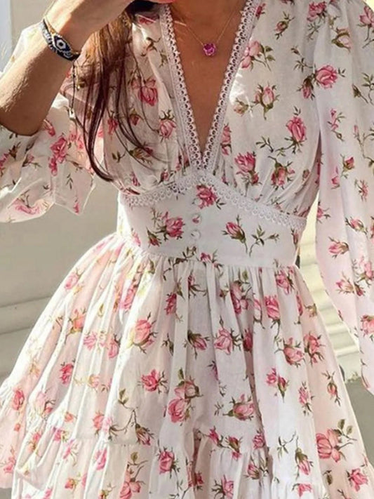 Lace Detail V - Neck Balloon Sleeve Dress