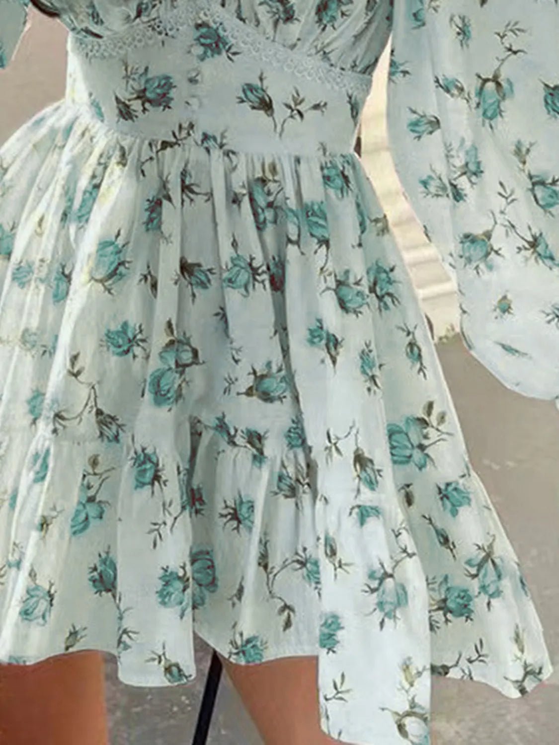 Lace Detail V - Neck Balloon Sleeve Dress