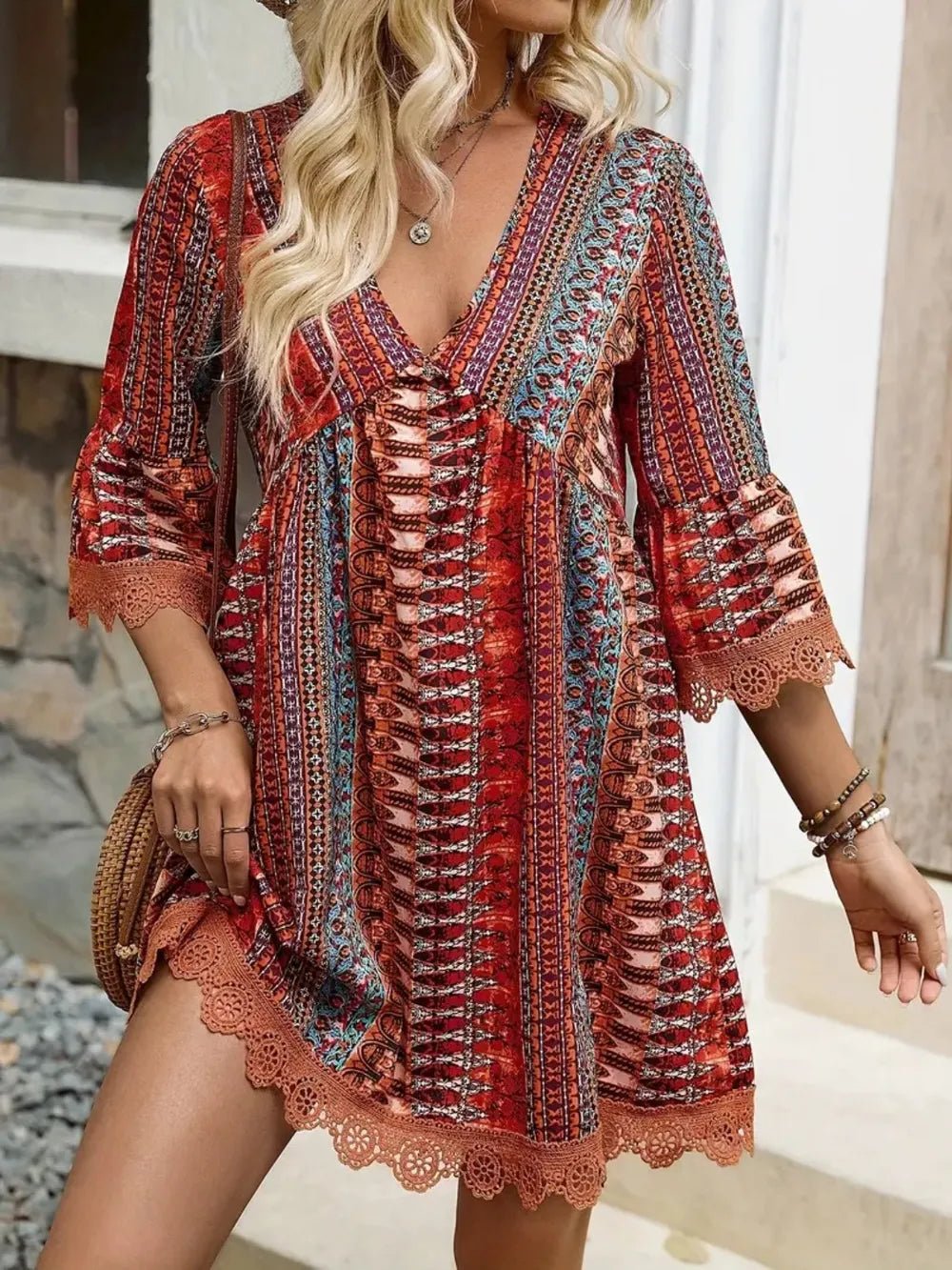 Lace Trim Printed V - Neck 3/4 Sleeve Dress