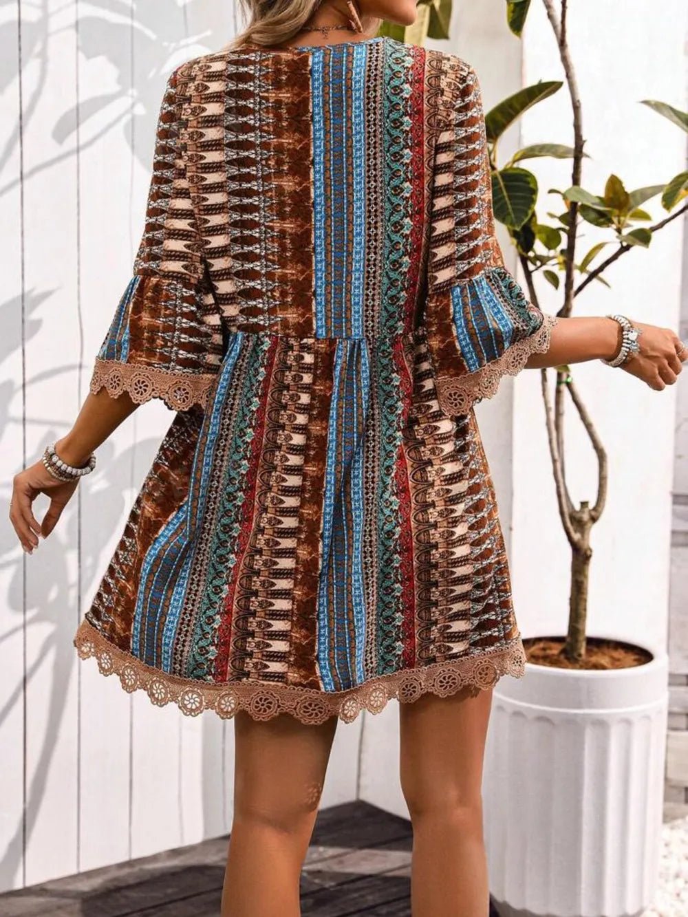 Lace Trim Printed V - Neck 3/4 Sleeve Dress