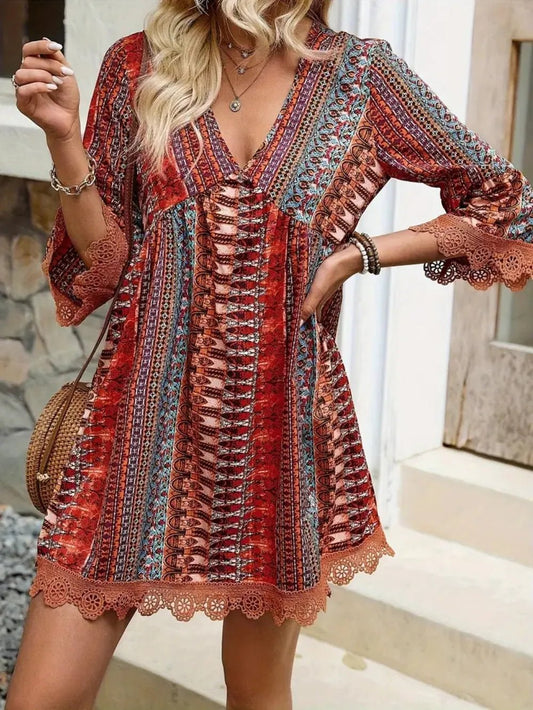 Lace Trim Printed V - Neck 3/4 Sleeve Dress