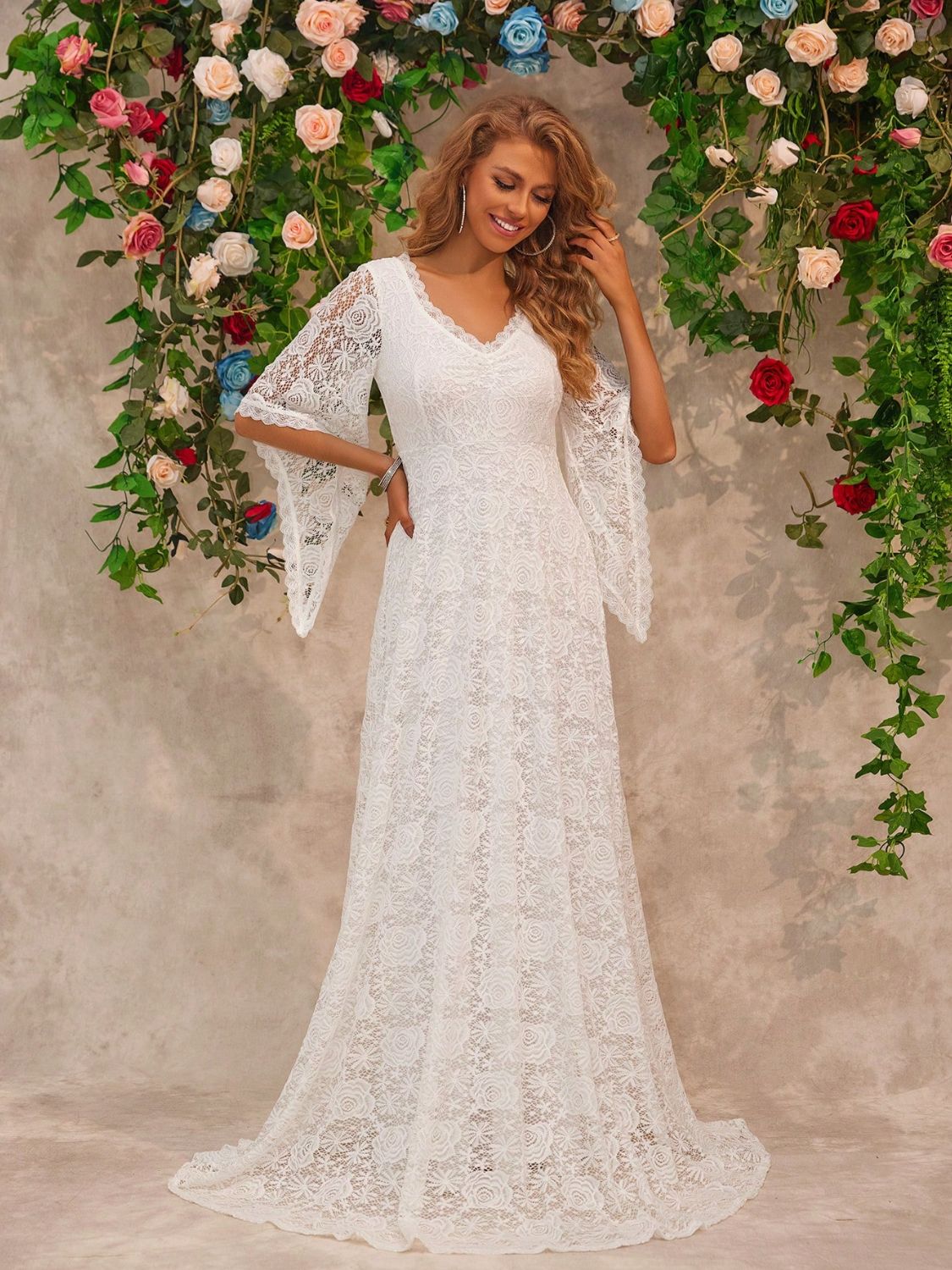 Lace V - Neck Floor length Dress