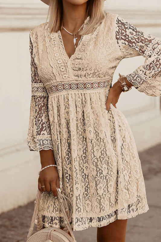 Lace V - Neck Three - Quarter Sleeve Dress
