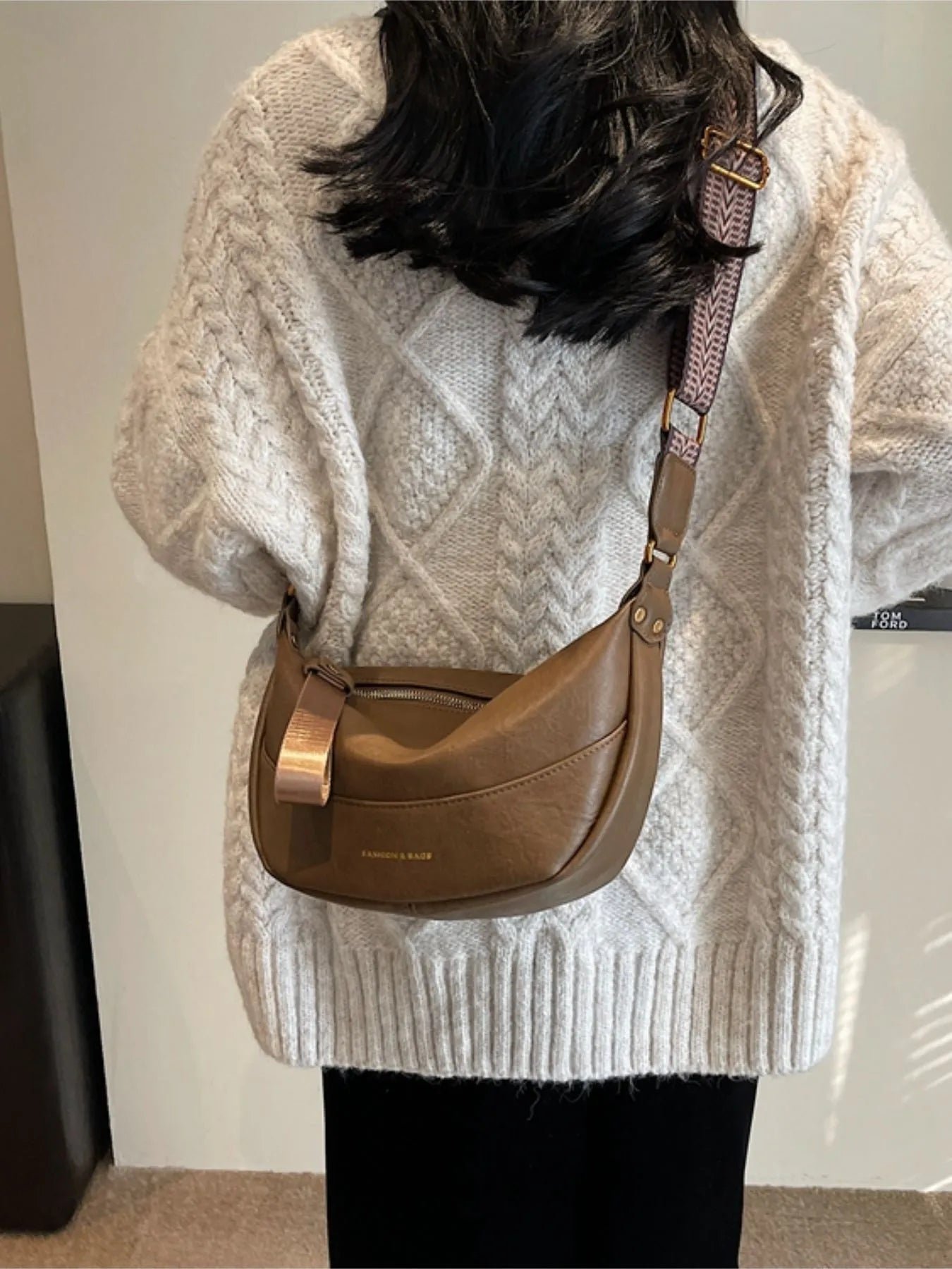 Leather Shoulder Bag with Woven StrapBag