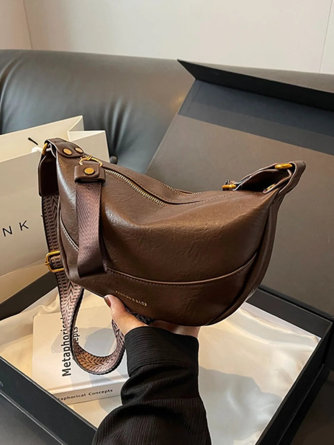 Leather Shoulder Bag with Woven StrapBag