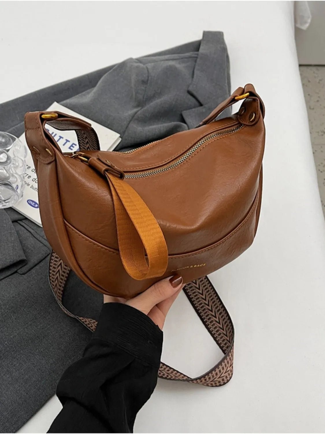 Leather Shoulder Bag with Woven StrapBag