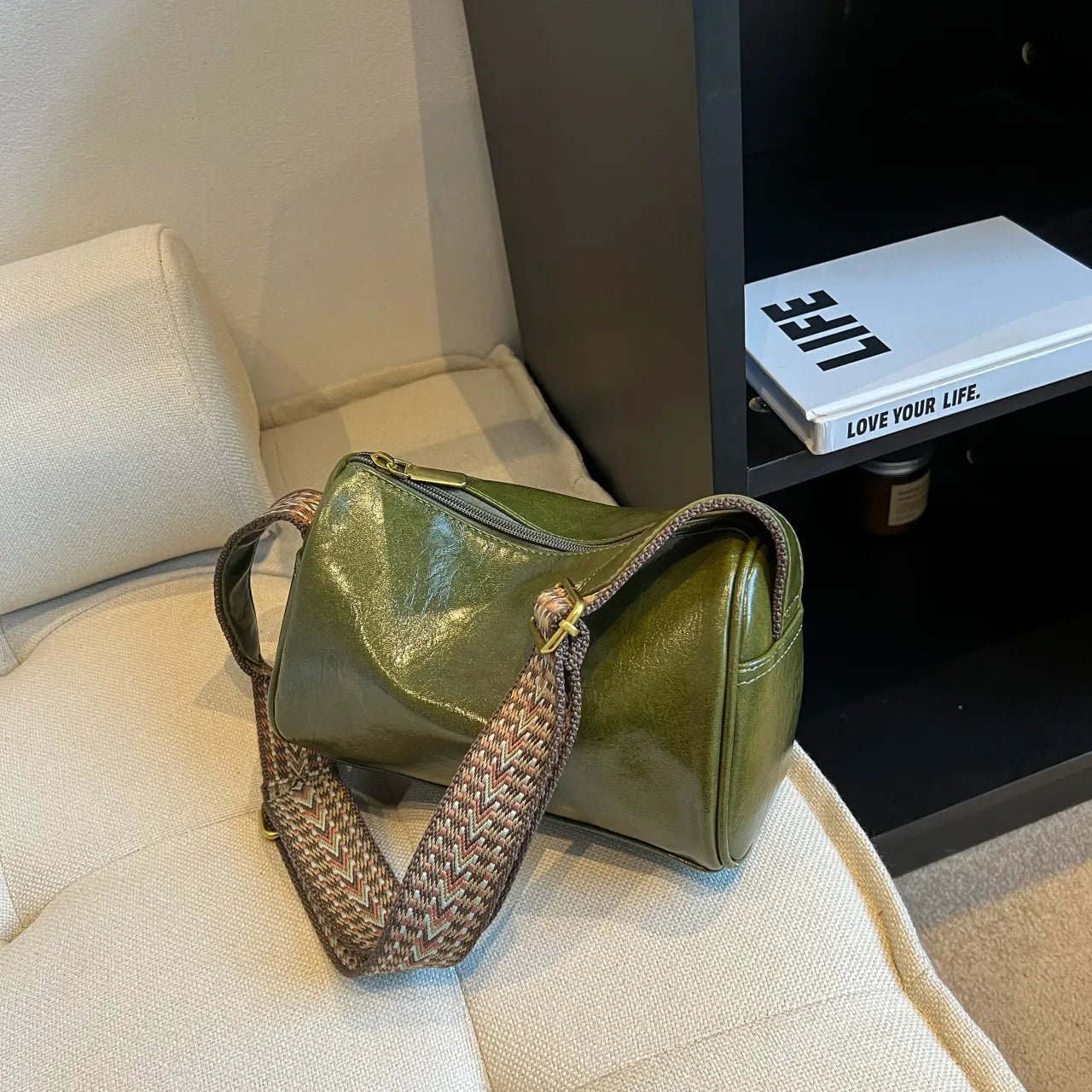 Leather Shoulder Bag with Woven StrapBag
