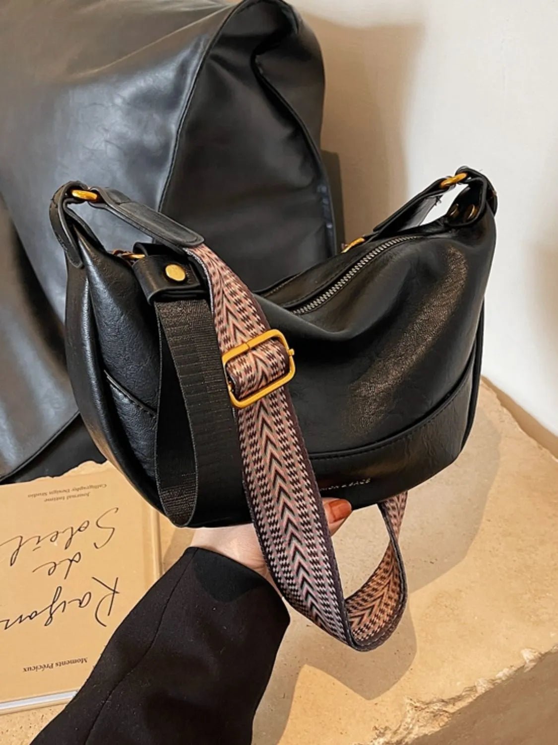 Leather Shoulder Bag with Woven StrapBag