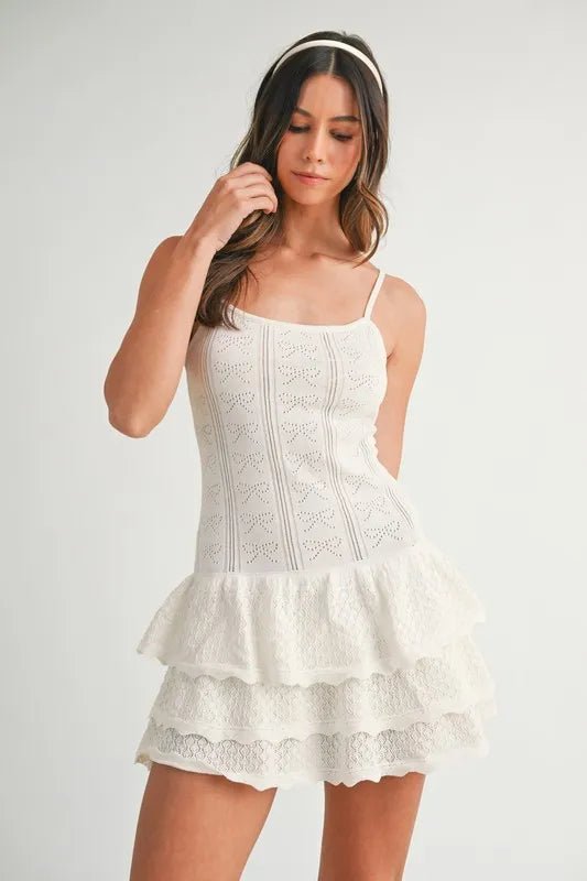 MABLE Bow Pointelle Knit Ruffle Mini Dress