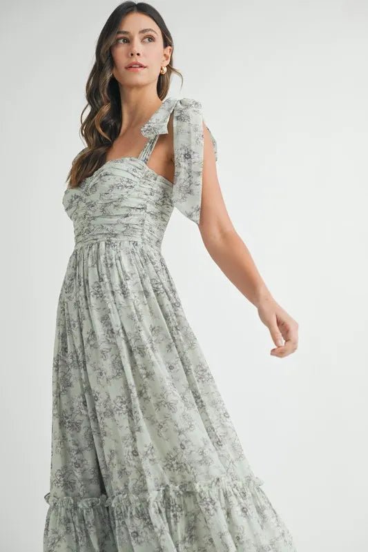 MABLE Floral Bust Ruched Midi Dress with Shoulder Tie