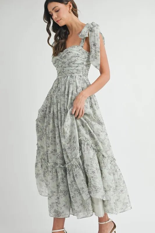 MABLE Floral Bust Ruched Midi Dress with Shoulder Tie