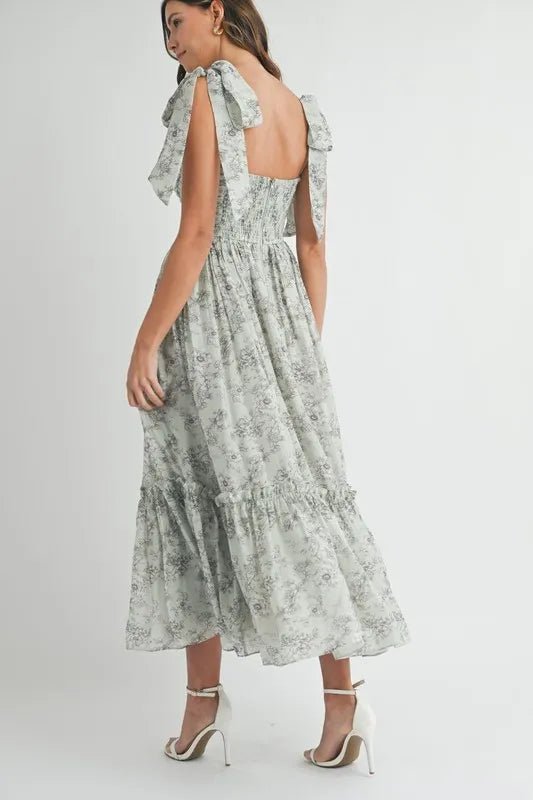 MABLE Floral Bust Ruched Midi Dress with Shoulder Tie