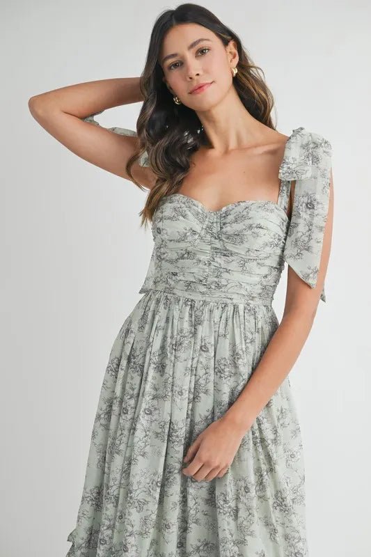 MABLE Floral Bust Ruched Midi Dress with Shoulder Tie