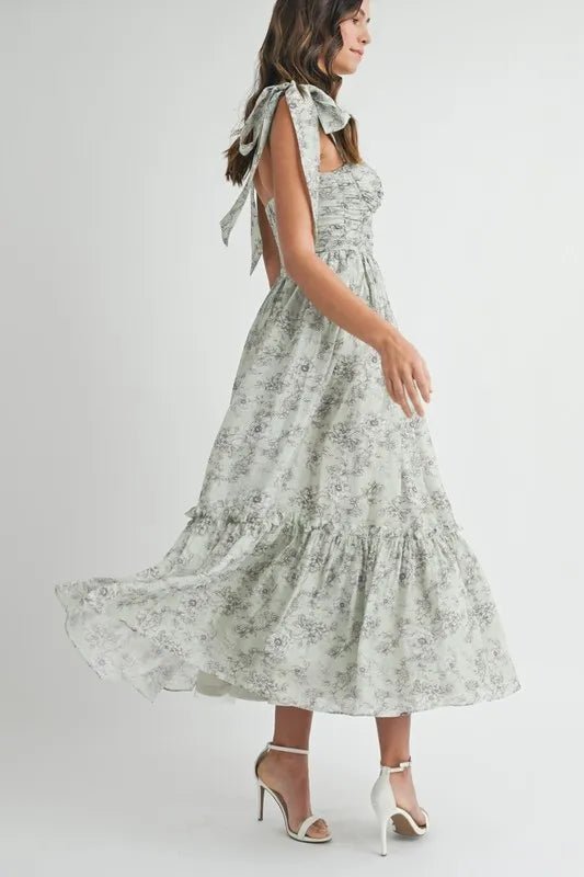 MABLE Floral Bust Ruched Midi Dress with Shoulder Tie