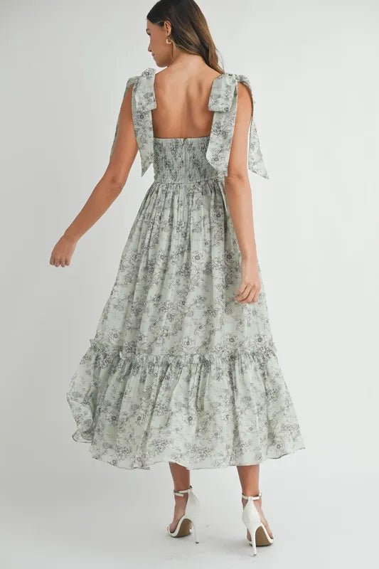 MABLE Floral Bust Ruched Midi Dress with Shoulder Tie