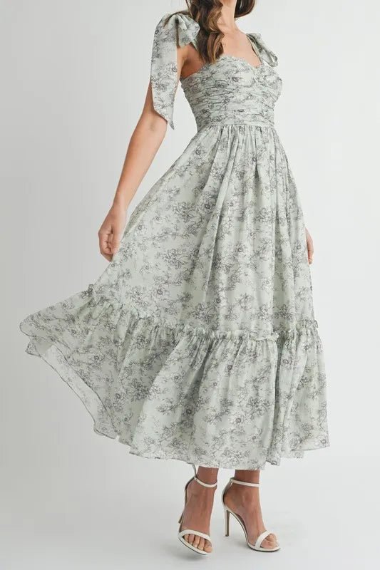 MABLE Floral Bust Ruched Midi Dress with Shoulder Tie