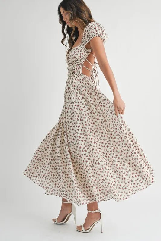 MABLE Floral Print Puff Sleeve Gathered Midi Dress
